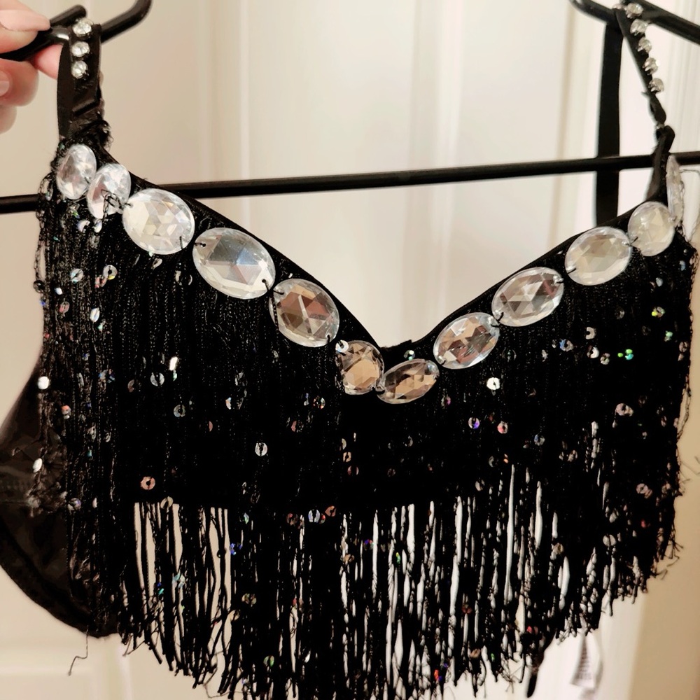 Black Fringe Bra Top with Large Clear Gem Accents